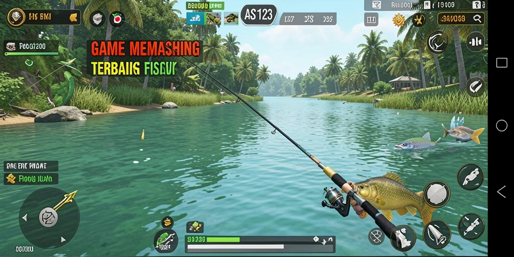 Screenshot gameplay ASD123 menampilkan aksi memancing di lokasi yang indah.
