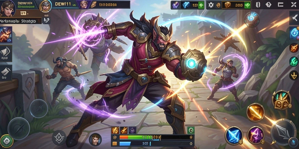 Screenshot gameplay DEWI11 menunjukkan pertarungan seru antar pahlawan MOBA.