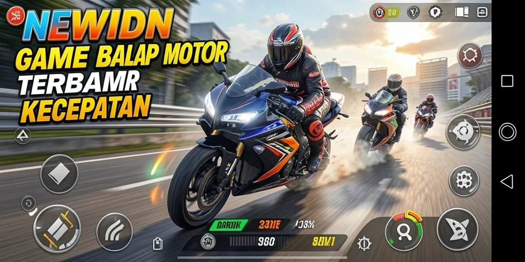 Screenshot gameplay menunjukkan aksi balap motor yang mendebarkan.