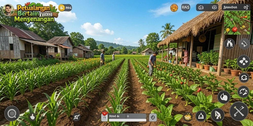 Tangkapan layar gameplay RR44 menunjukkan aktivitas pertanian yang semarak.