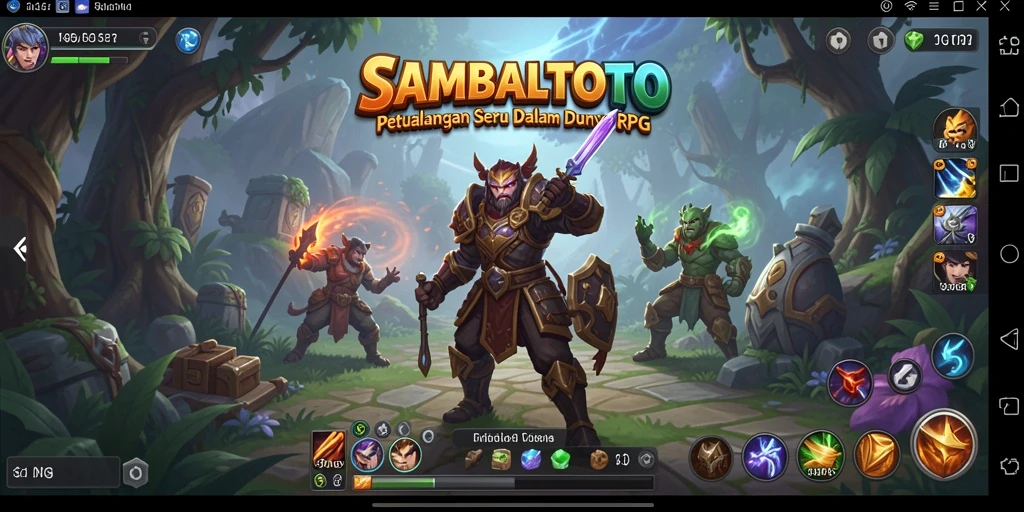 Screenshot gameplay SAMBALTOTO menampilkan pertarungan epik di dunia fantasi.